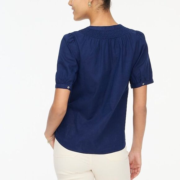 J Crew Factory NWT Linen Blend Short Sleeve Smock Neck Top Size Large in Navy - Picture 3 of 7